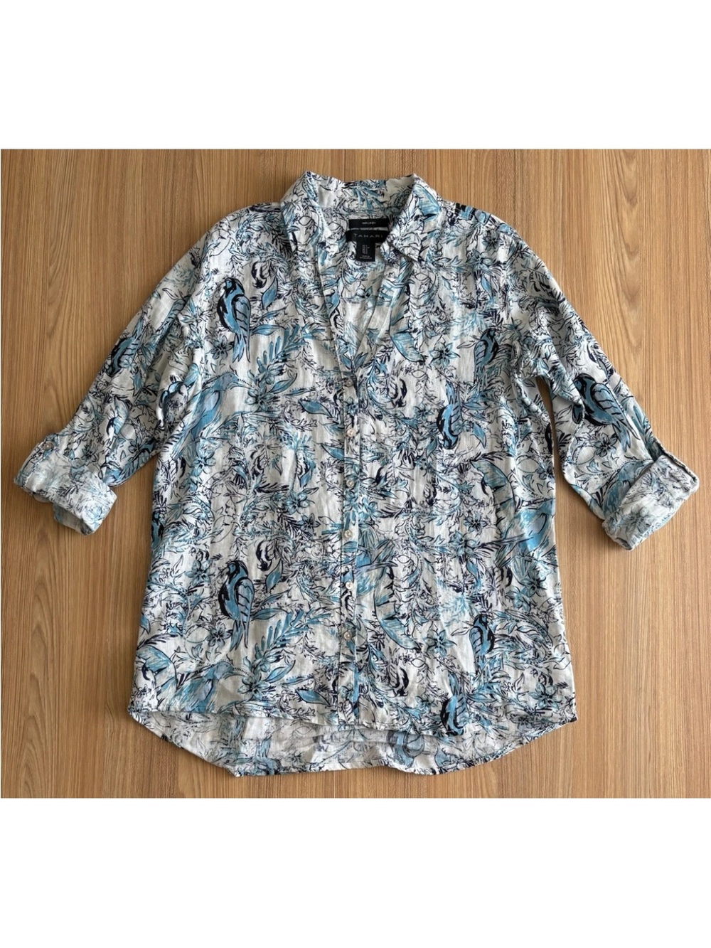 Tahari Linen Tropical Bird Button Up Shirt Womens S Blue Coastal Beachy Travel